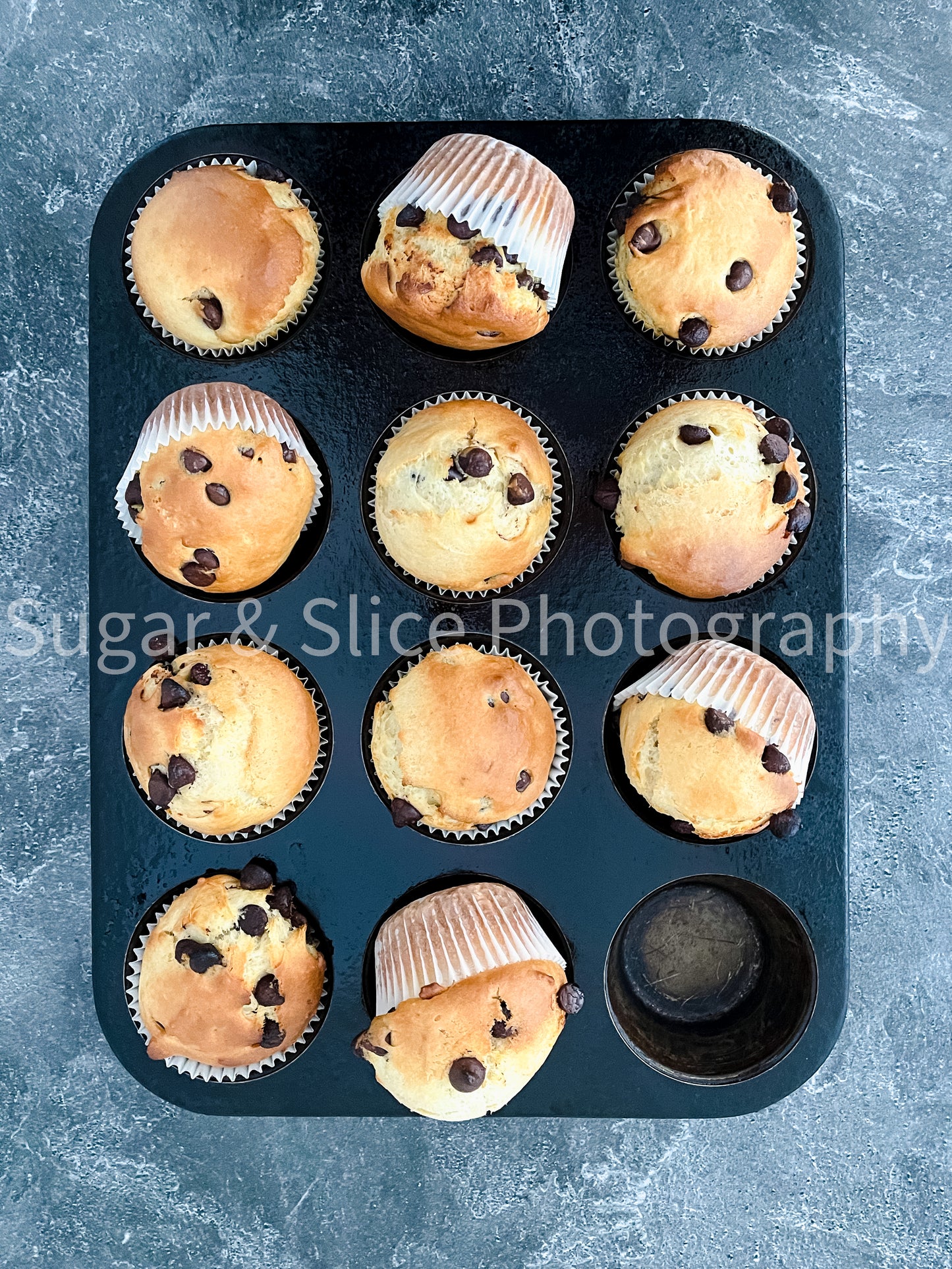 Chocolate Chip Muffins on Black Slate