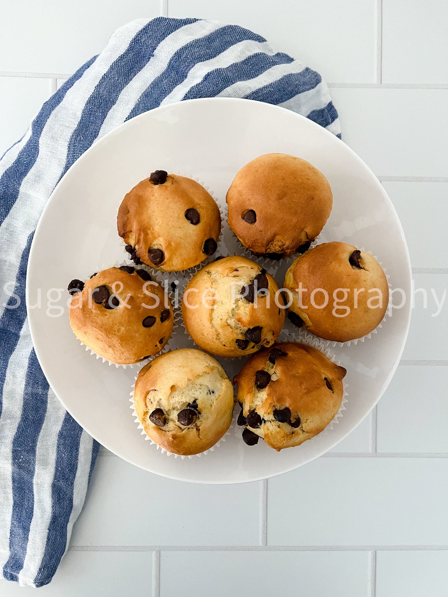 Chocolate Chip Muffins on Ceramic Subway Tile