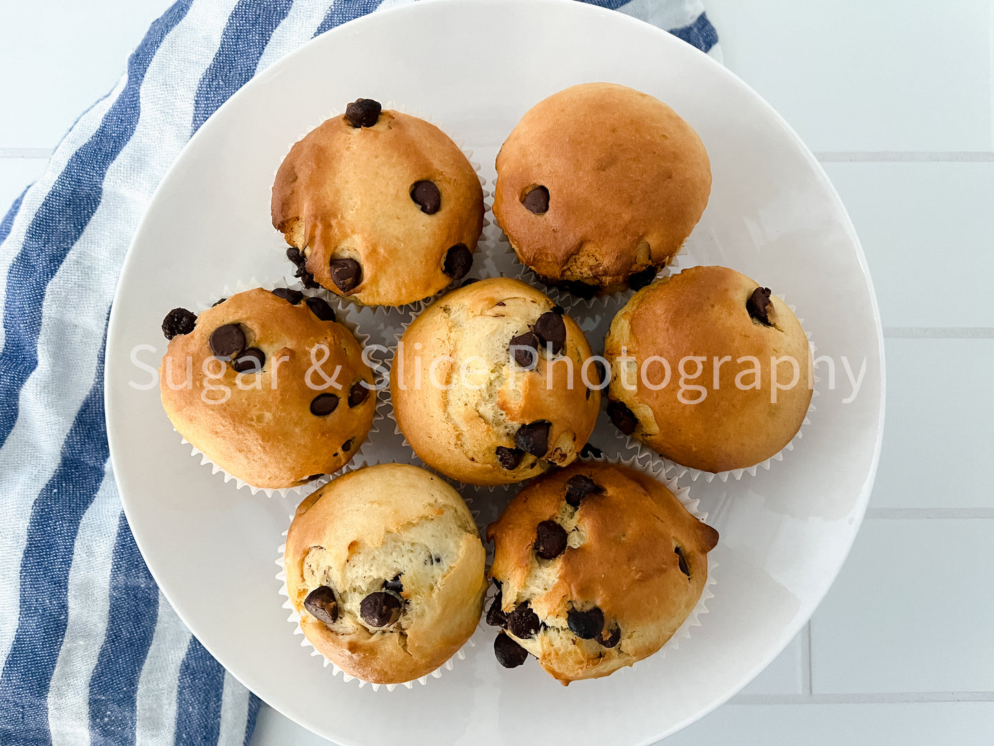 Chocolate Chip Muffins on Ceramic Subway Tile
