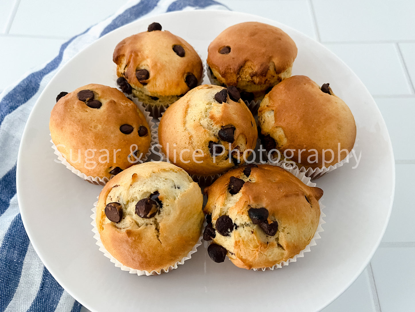 Chocolate Chip Muffins on Ceramic Subway Tile