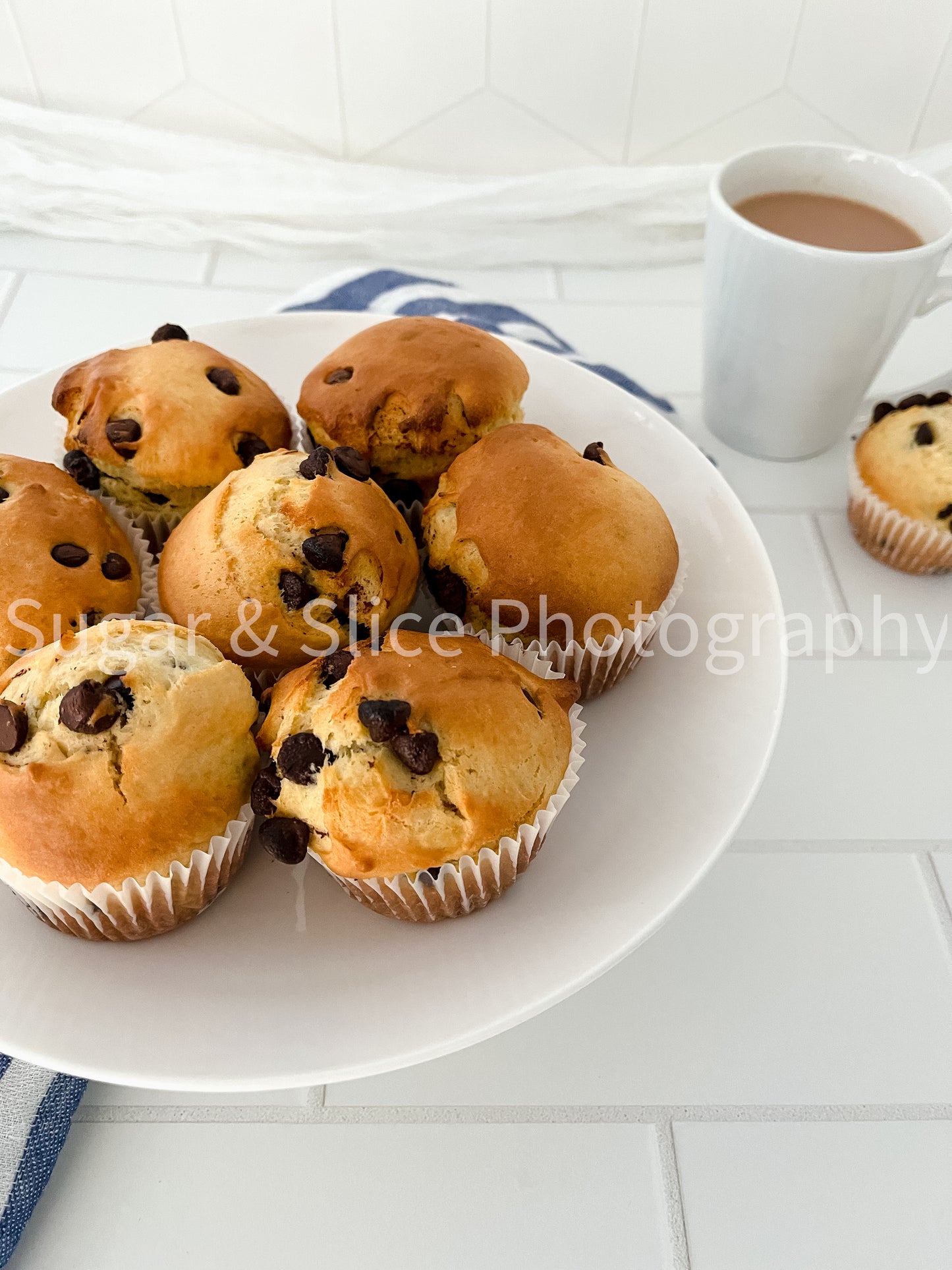 Chocolate Chip Muffins on Ceramic Subway Tile