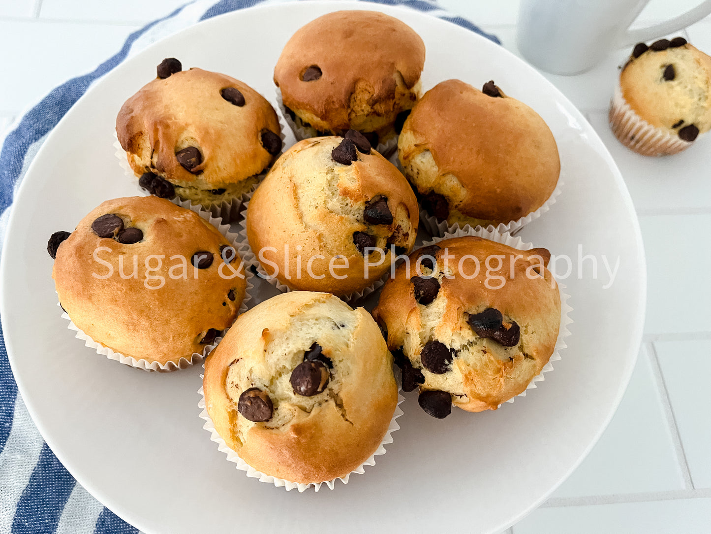 Chocolate Chip Muffins on Ceramic Subway Tile