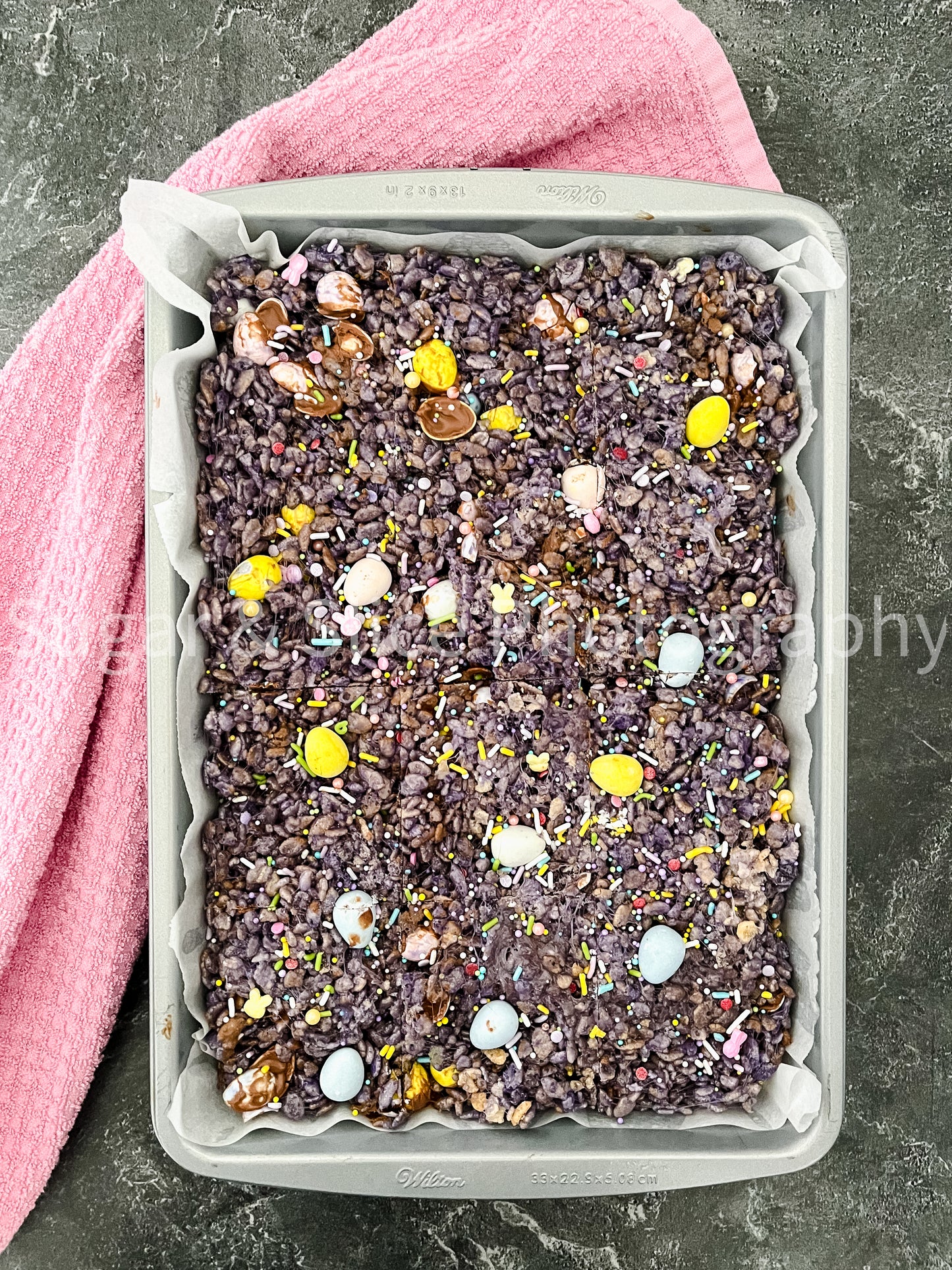 Easter Rice Crispy Squares on Black Slate