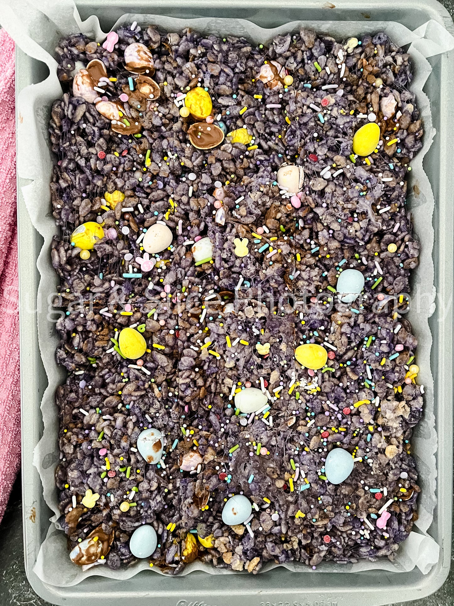 Easter Rice Crispy Squares on Black Slate