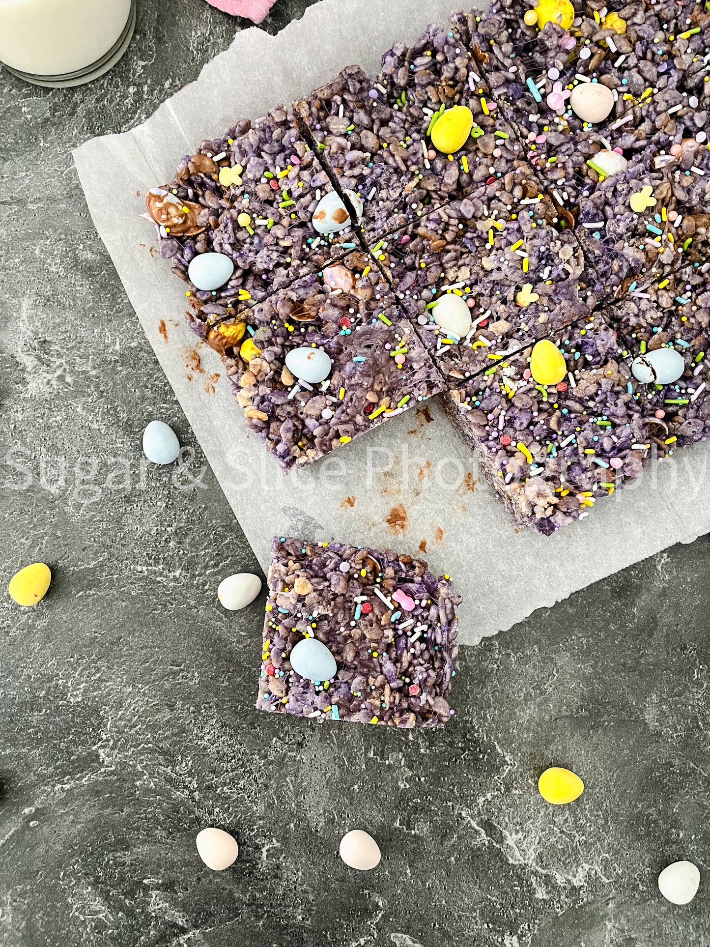 Easter Rice Crispy Squares on Black Slate
