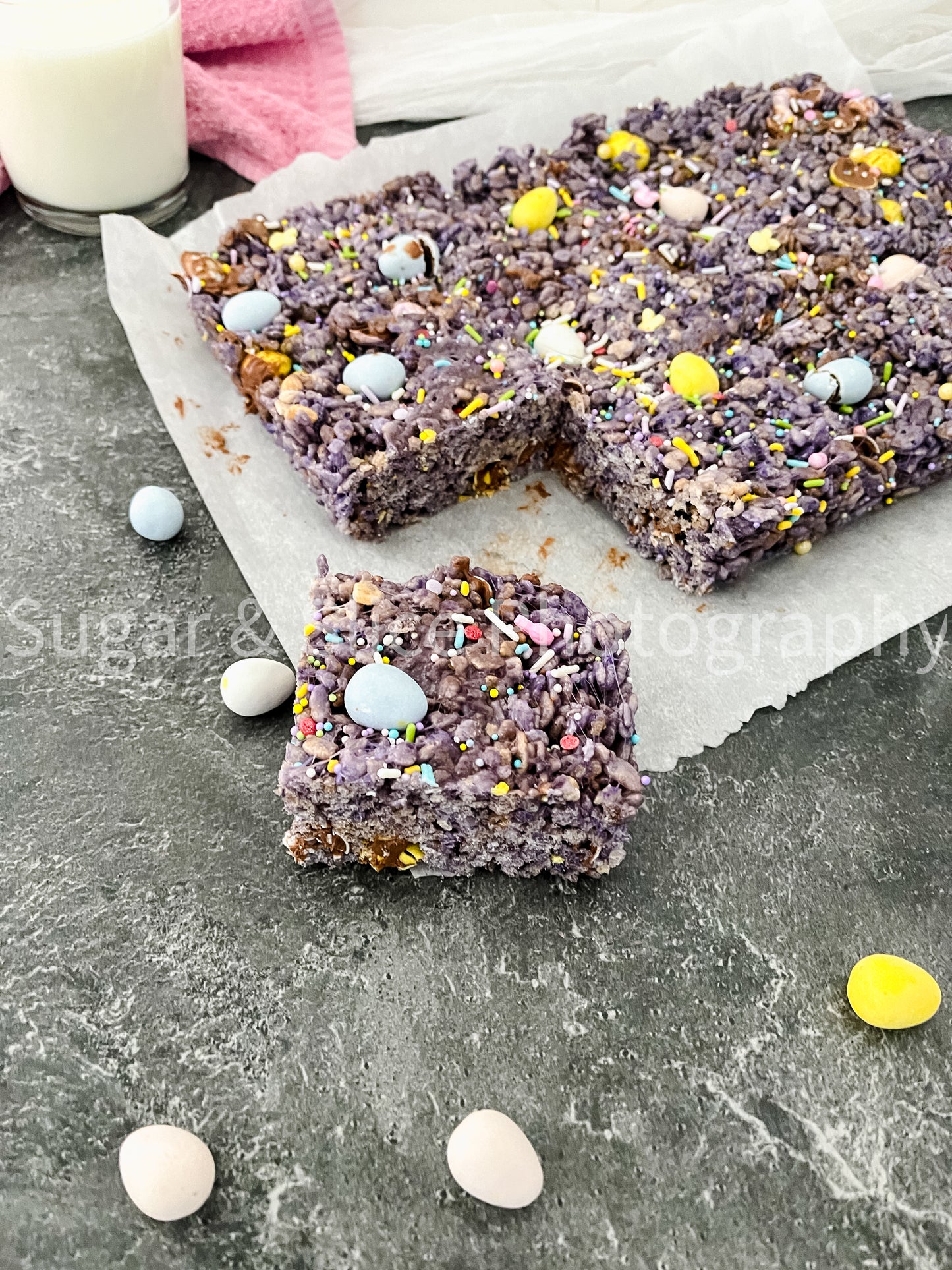 Easter Rice Crispy Squares on Black Slate