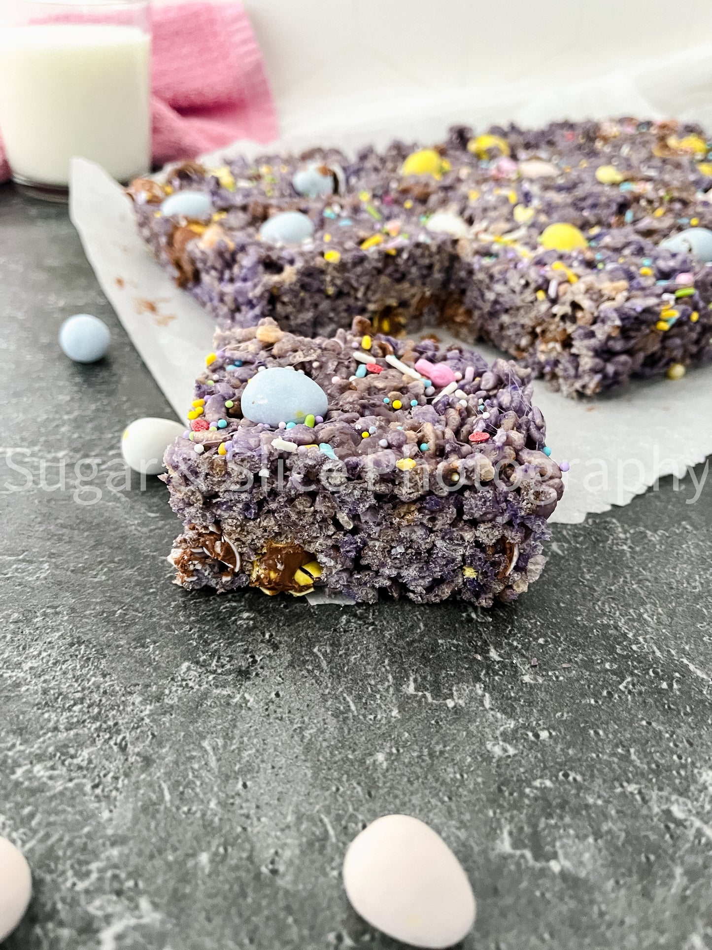 Easter Rice Crispy Squares on Black Slate