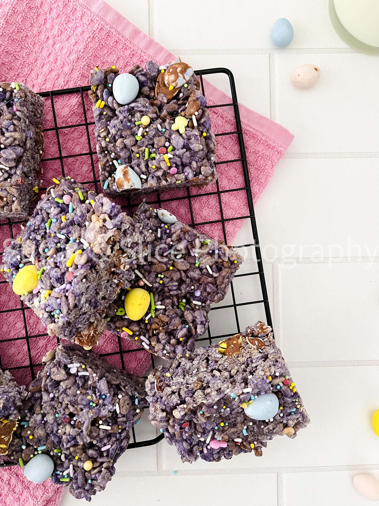 Easter Rice Crispy Squares on Ceramic Subway Tile