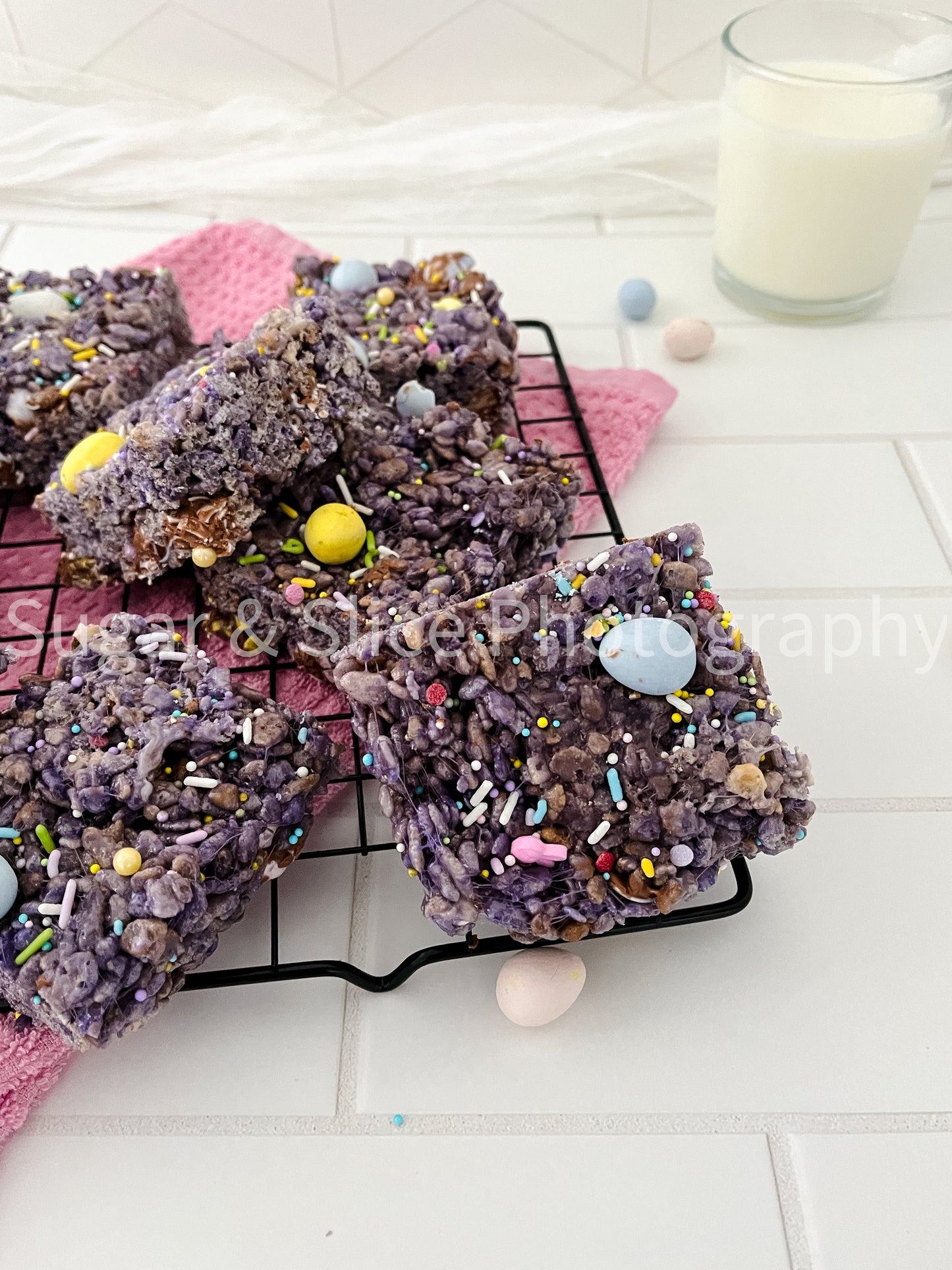 Easter Rice Crispy Squares on Ceramic Subway Tile
