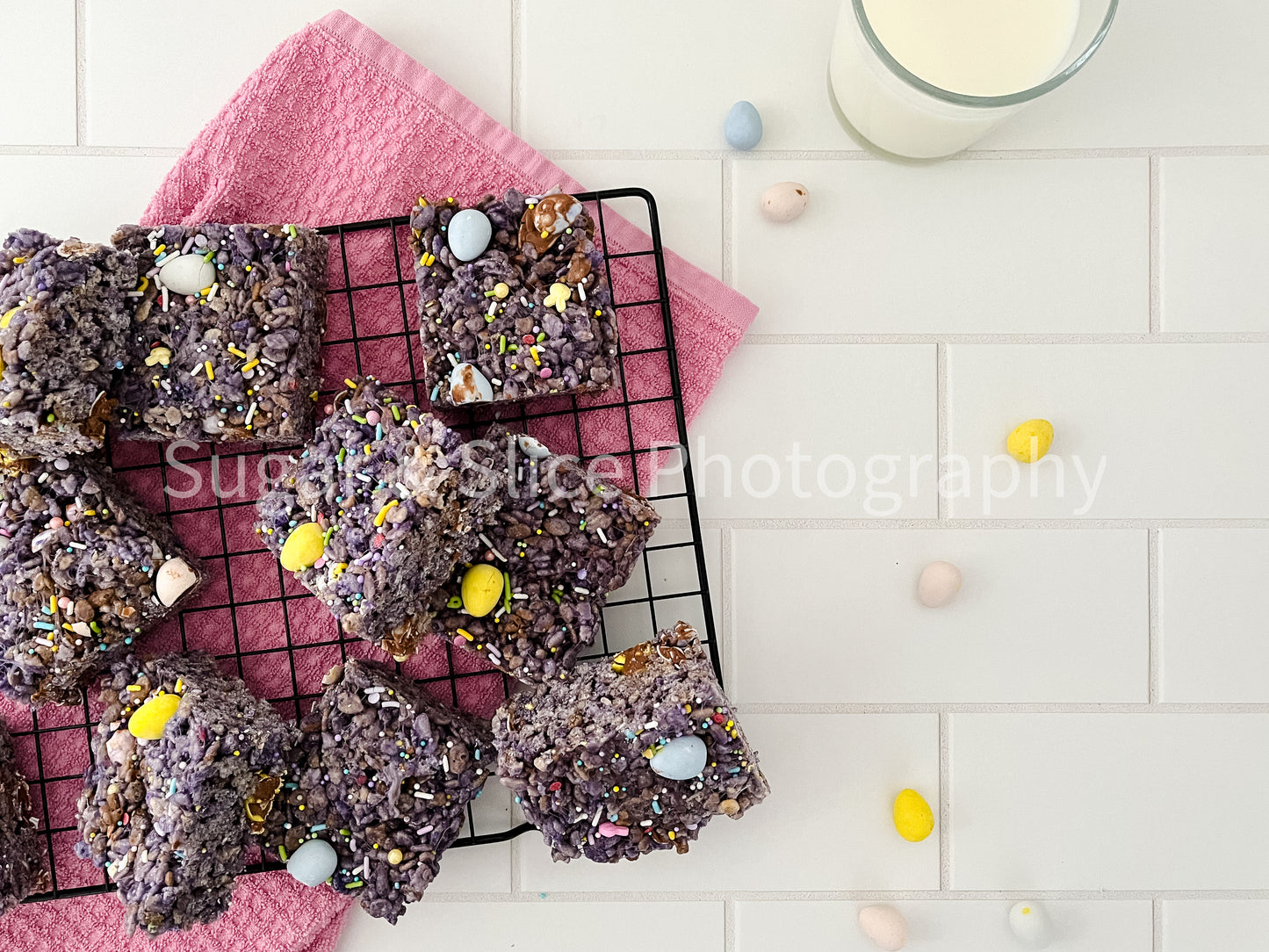 Easter Rice Crispy Squares on Ceramic Subway Tile