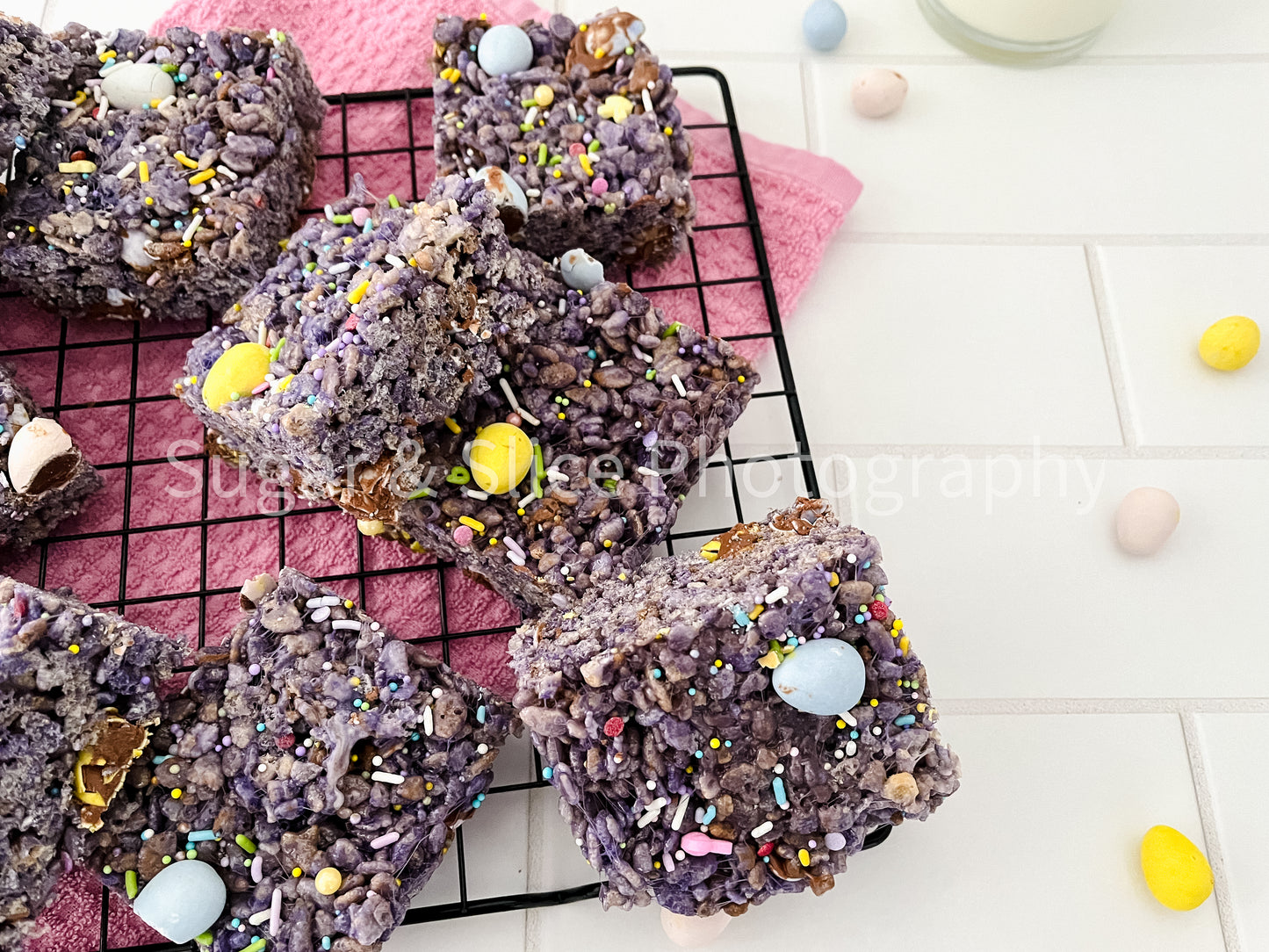 Easter Rice Crispy Squares on Ceramic Subway Tile