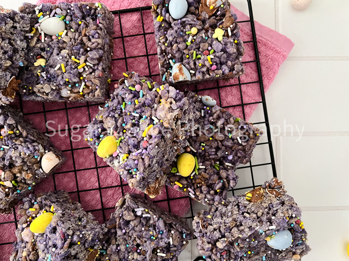Easter Rice Crispy Squares on Ceramic Subway Tile