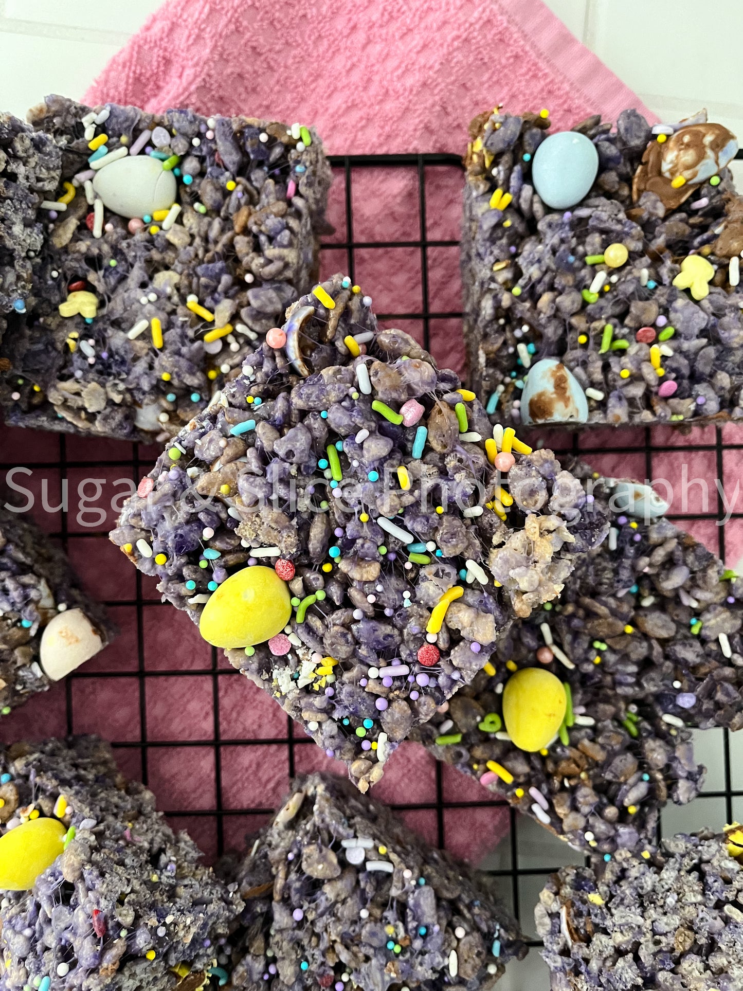 Easter Rice Crispy Squares on Ceramic Subway Tile