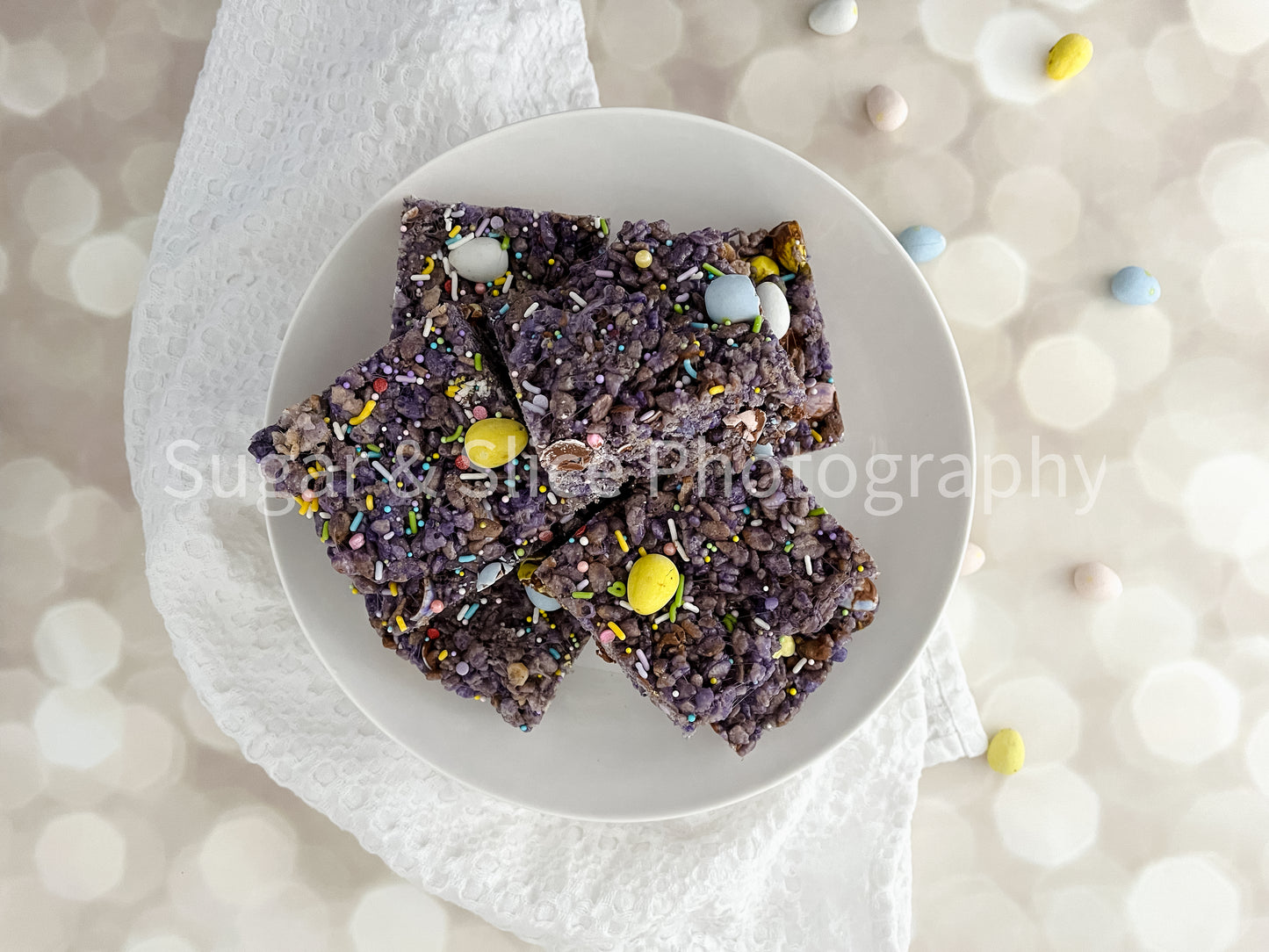 Easter Rice Crispy Squares on Lilac Ash Bokeh
