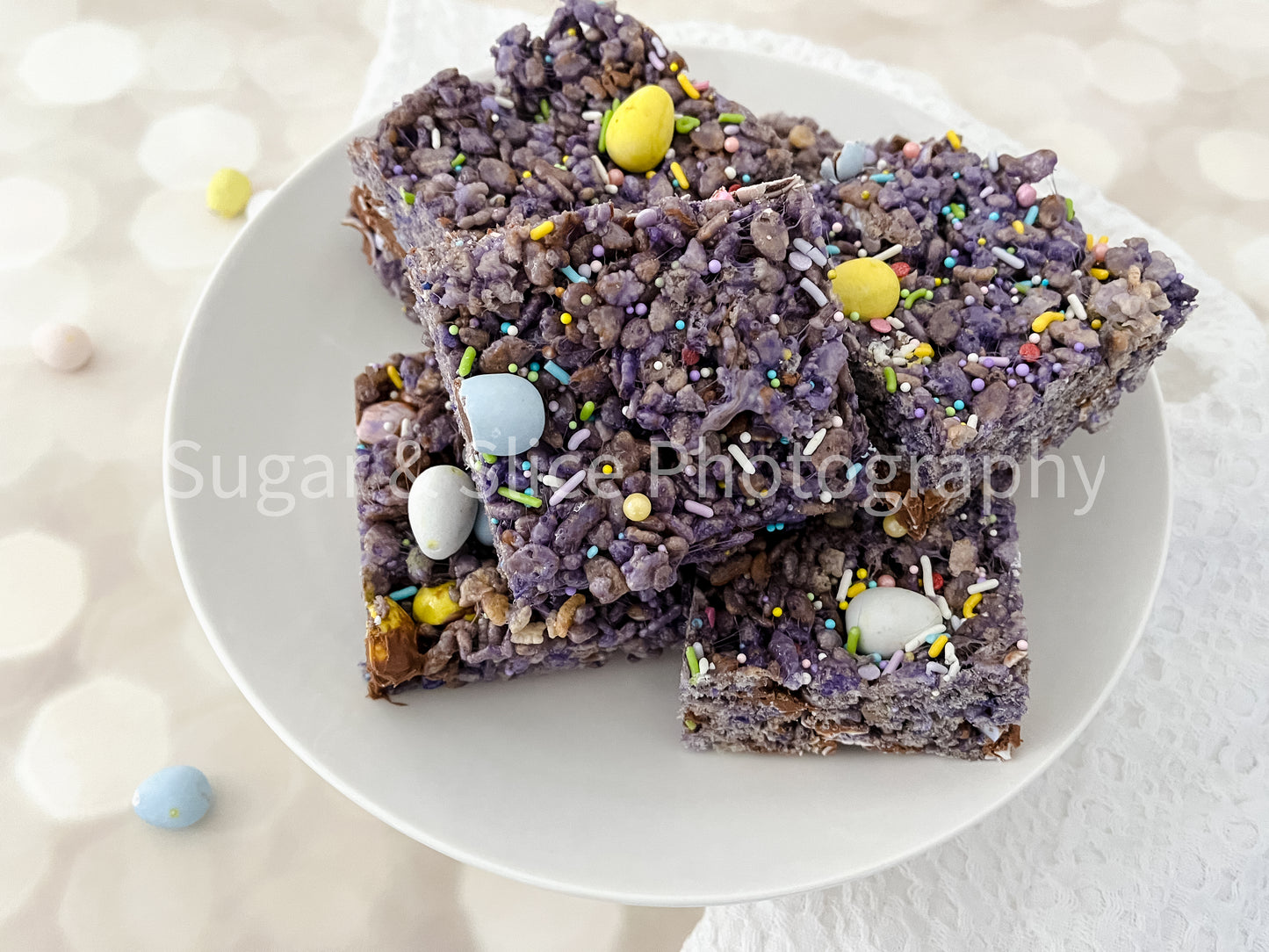 Easter Rice Crispy Squares on Lilac Ash Bokeh