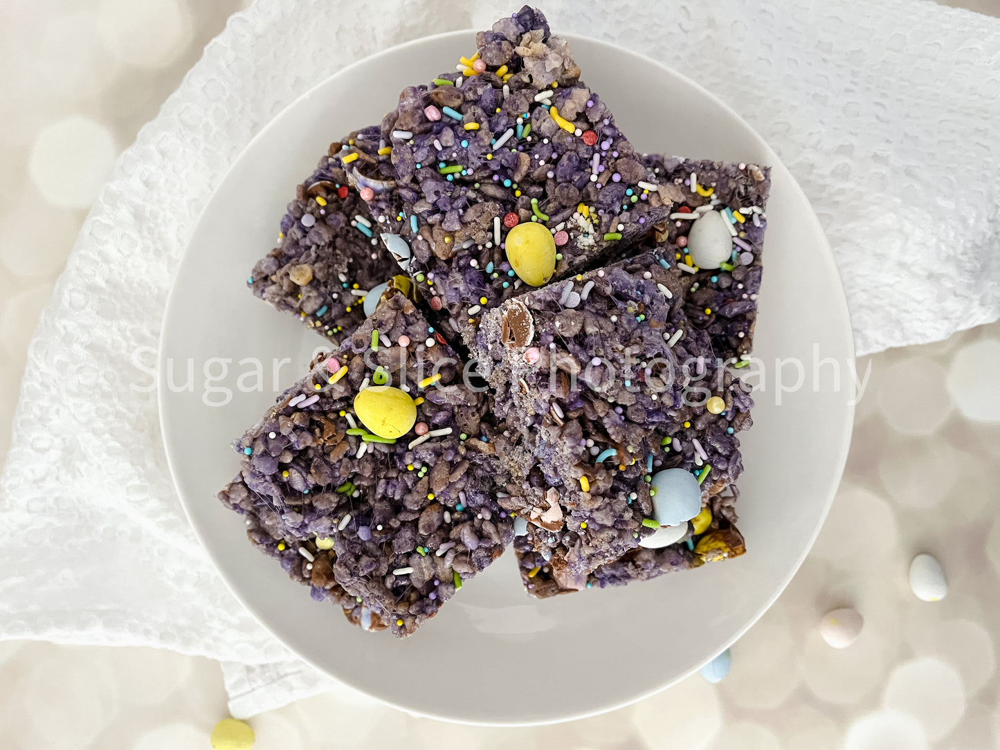Easter Rice Crispy Squares on Lilac Ash Bokeh