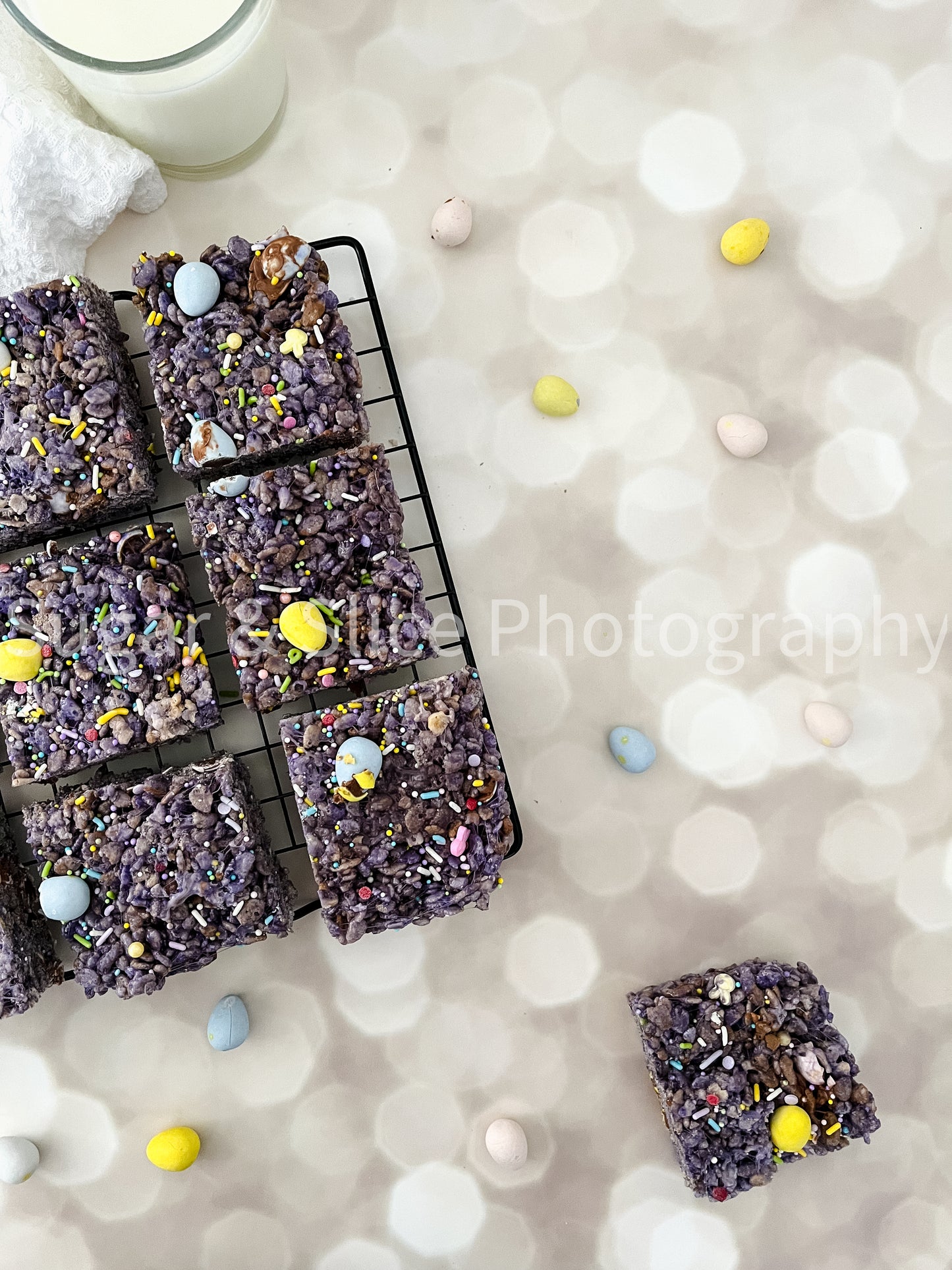 Easter Rice Crispy Squares on Lilac Ash Bokeh