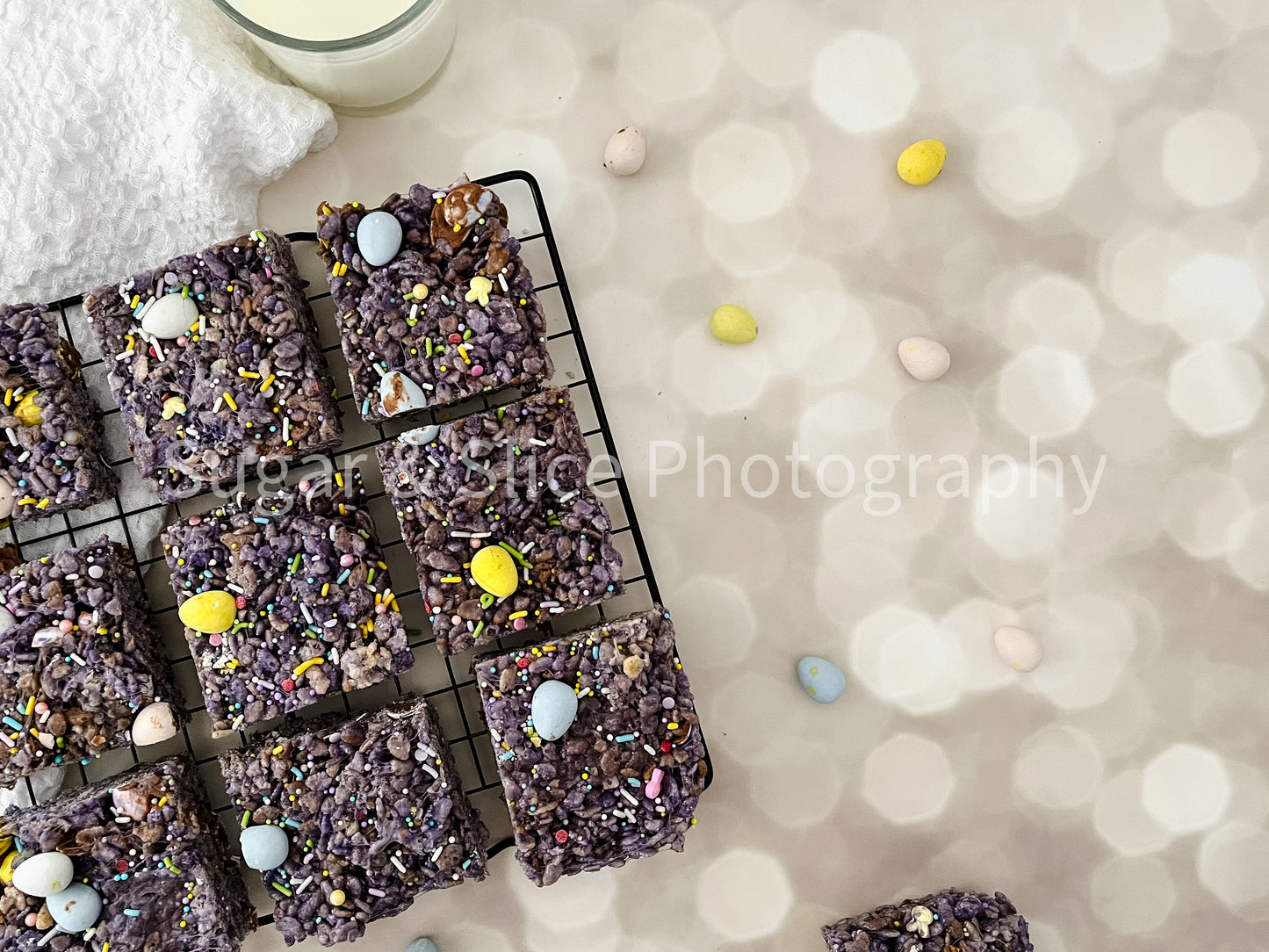 Easter Rice Crispy Squares on Lilac Ash Bokeh