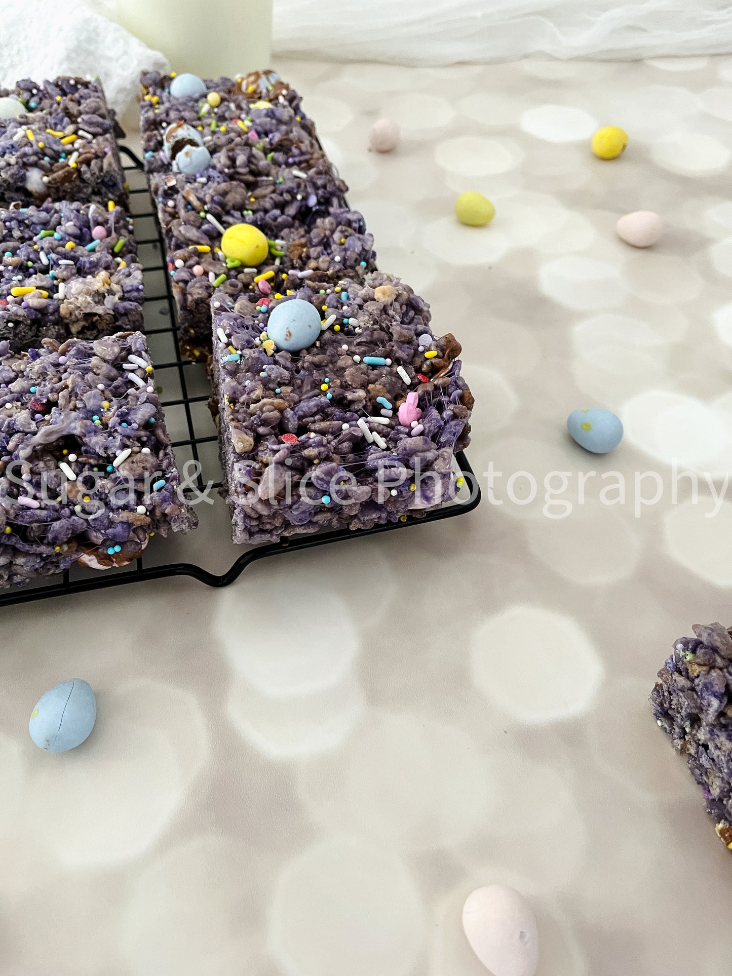 Easter Rice Crispy Squares on Lilac Ash Bokeh