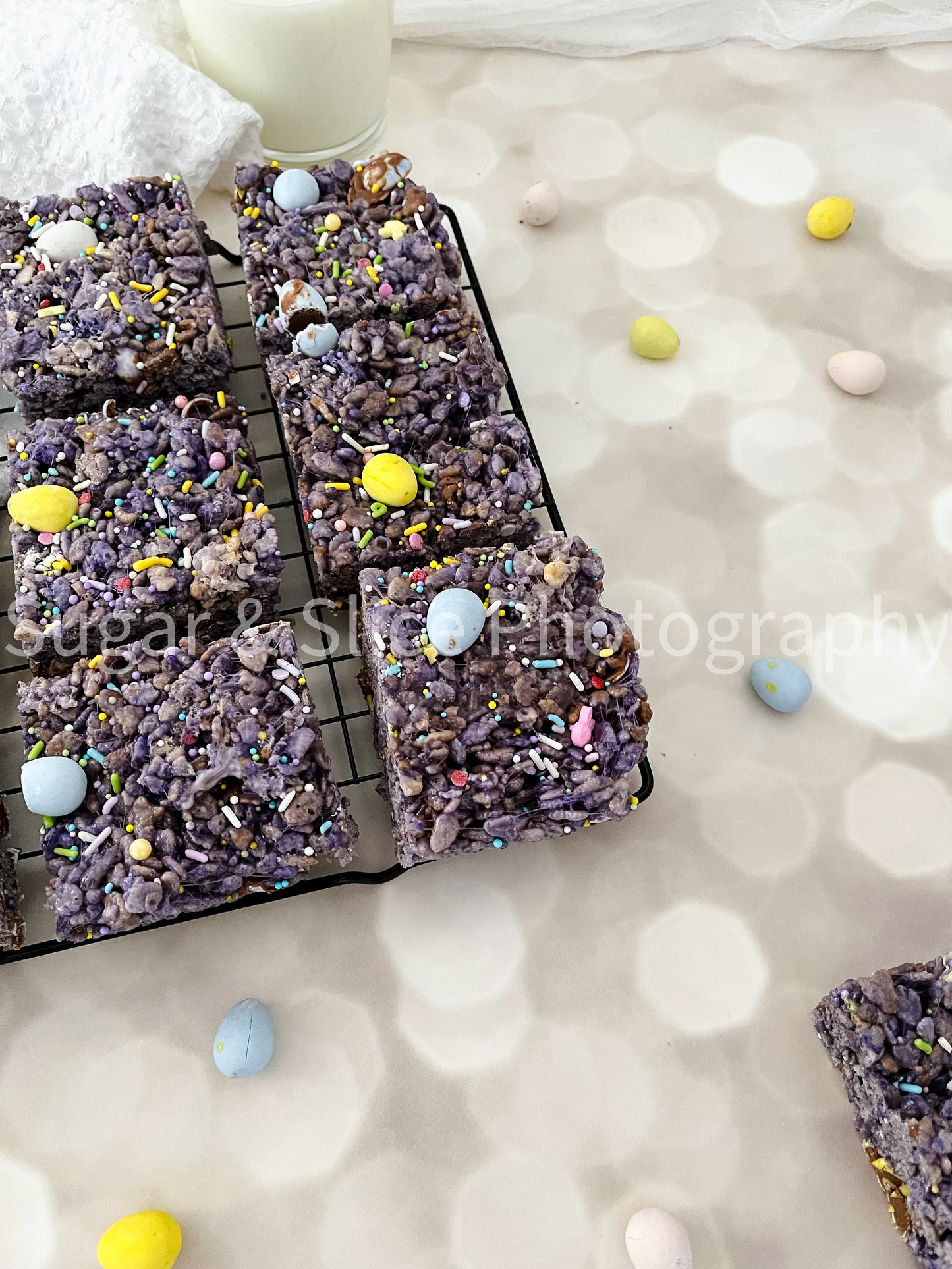 Easter Rice Crispy Squares on Lilac Ash Bokeh