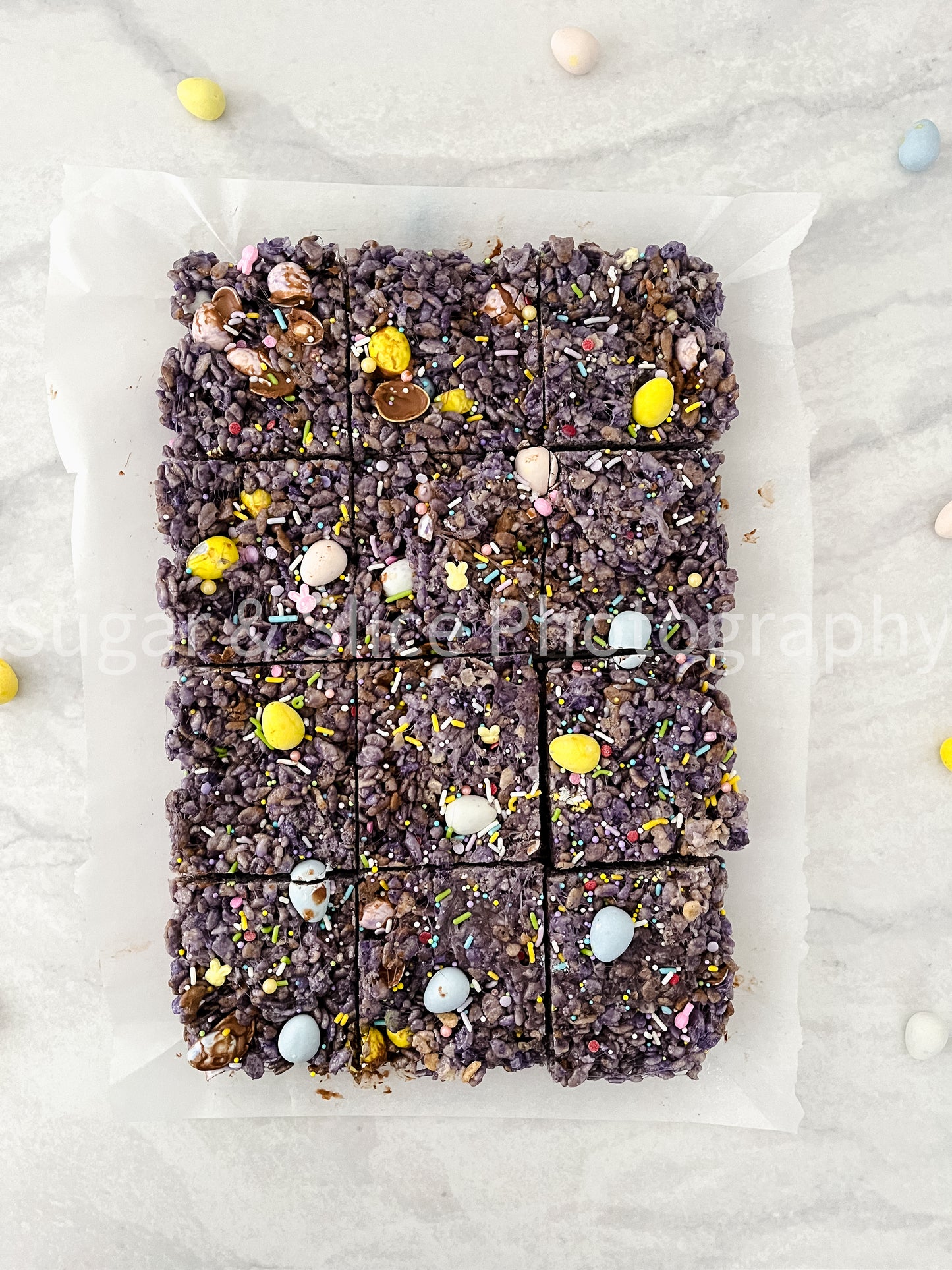 Easter Rice Crispy Squares on Marble