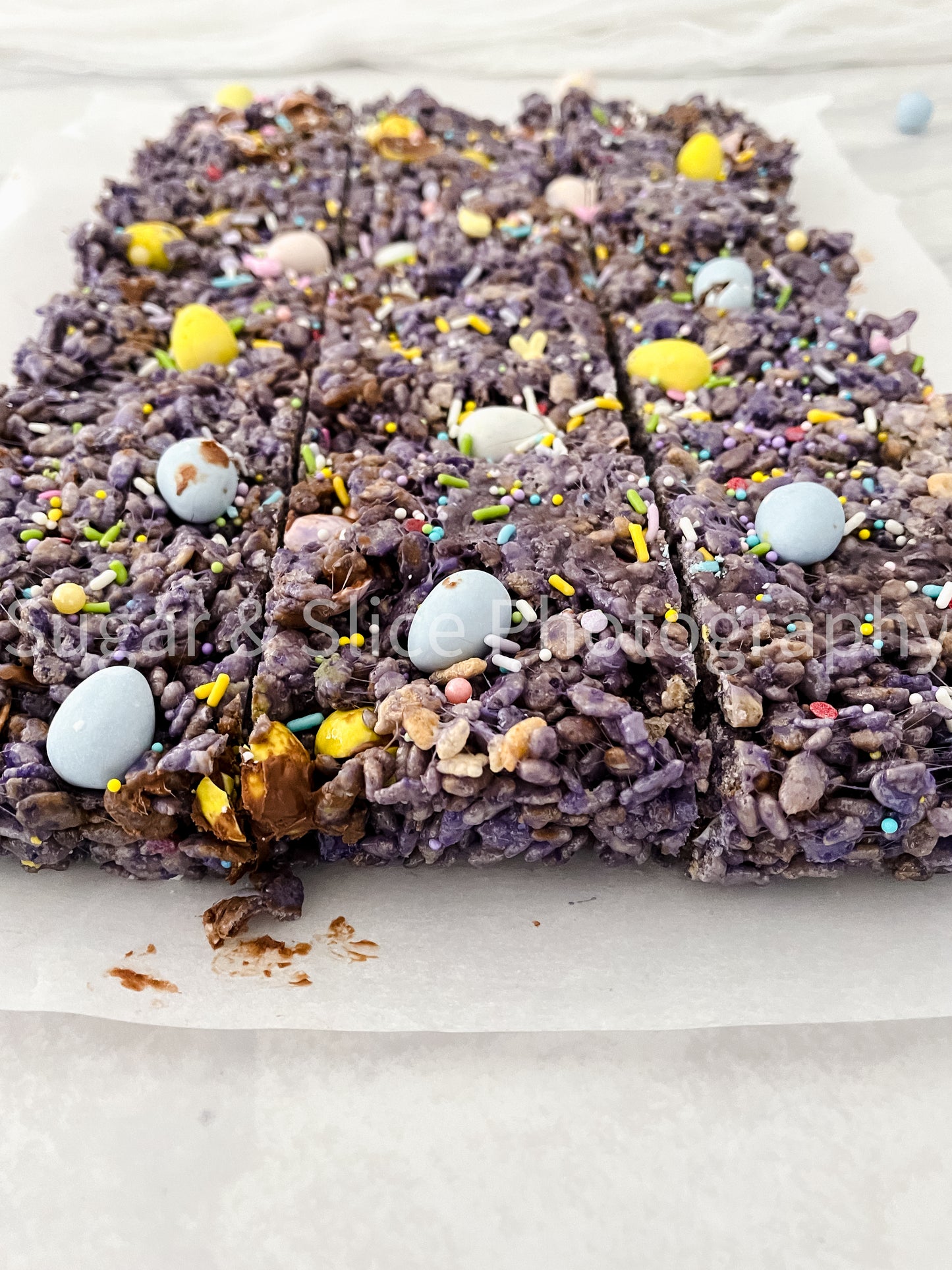 Easter Rice Crispy Squares on Marble
