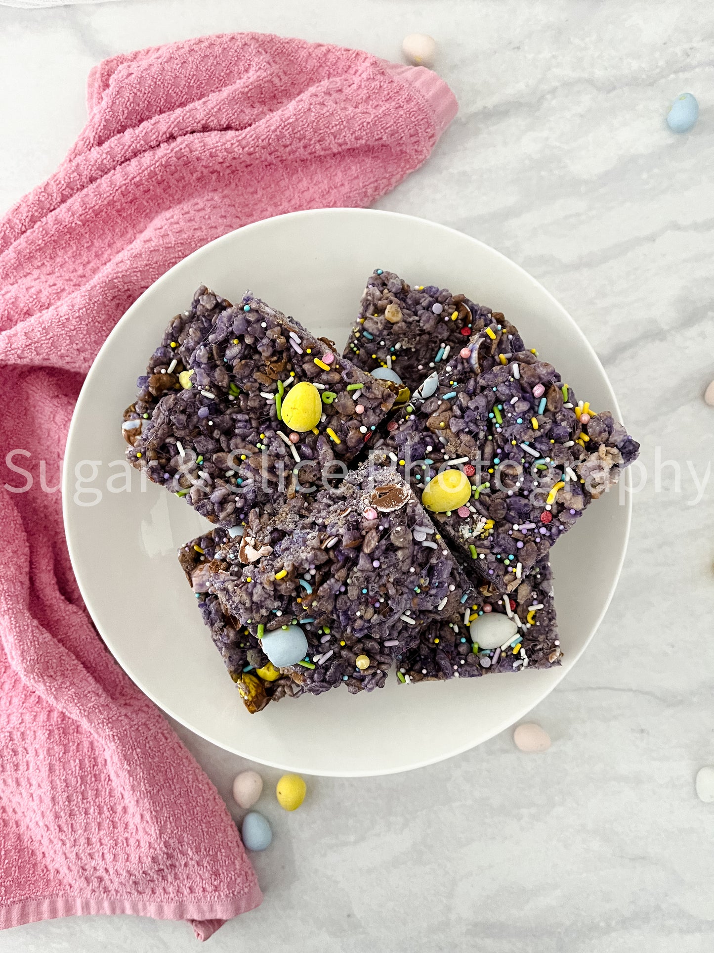 Easter Rice Crispy Squares on Marble