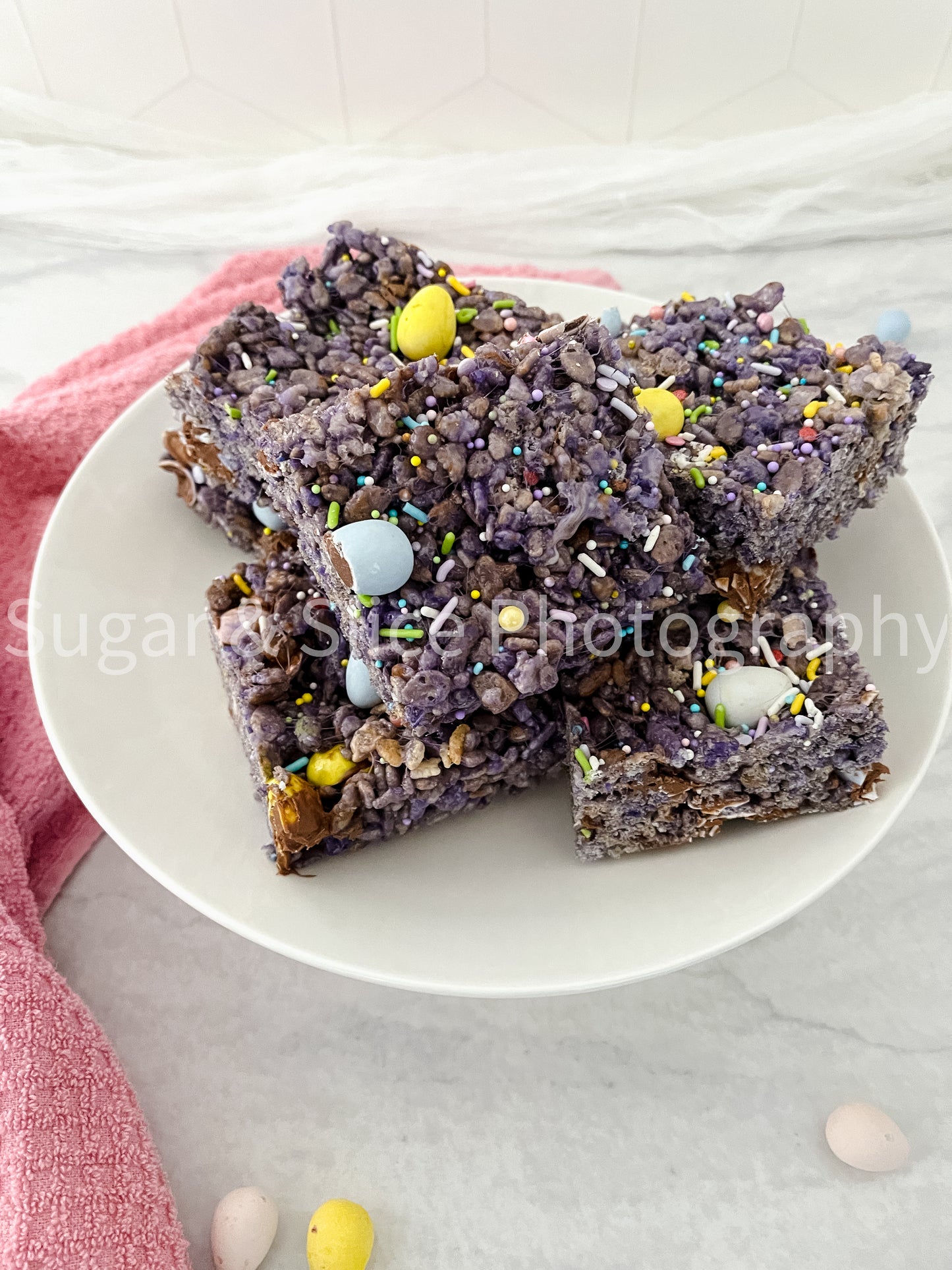 Easter Rice Crispy Squares on Marble