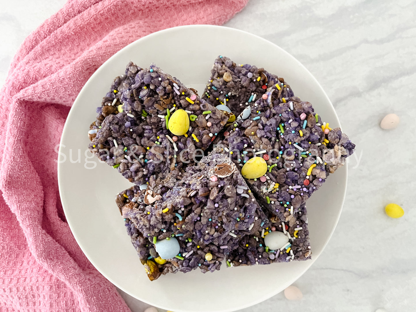 Easter Rice Crispy Squares on Marble