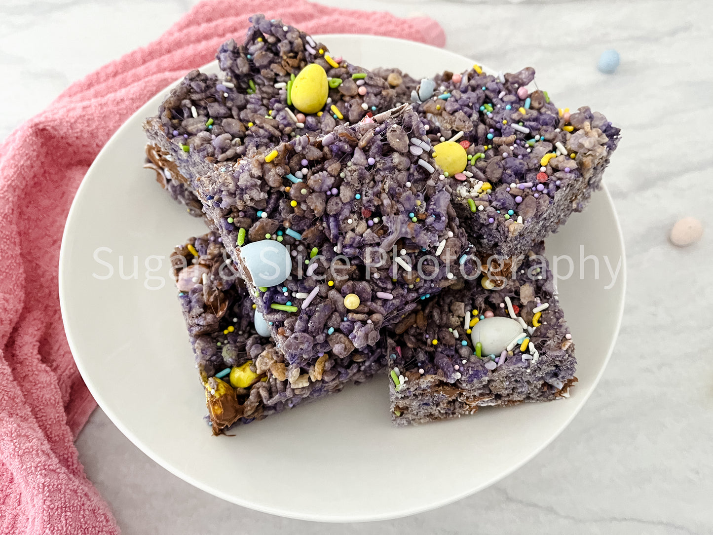 Easter Rice Crispy Squares on Marble