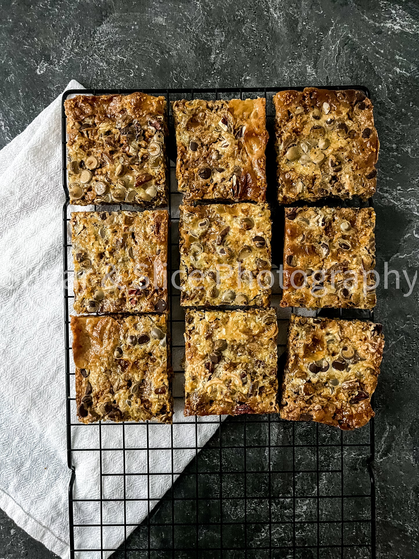 Magic Toffee Bars on Black Slate