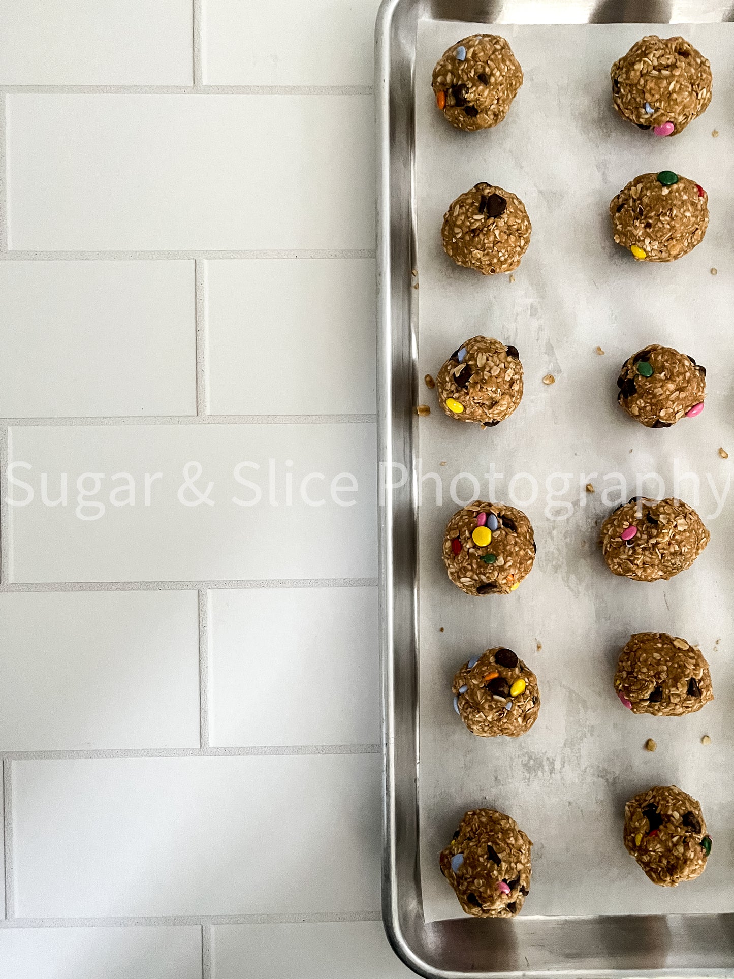 Peanut Butter Oatmeal Balls on Ceramic Subway Tile