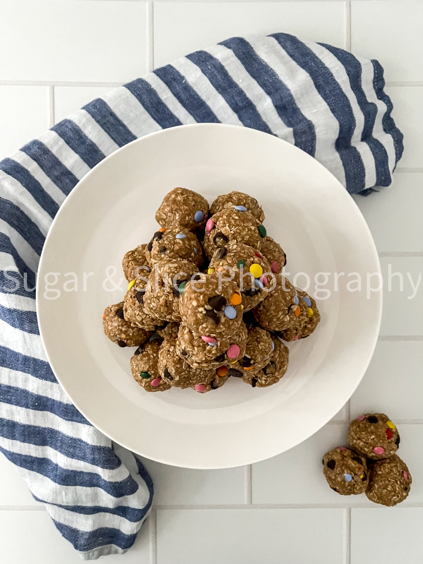 Peanut Butter Oatmeal Balls on Ceramic Subway Tile