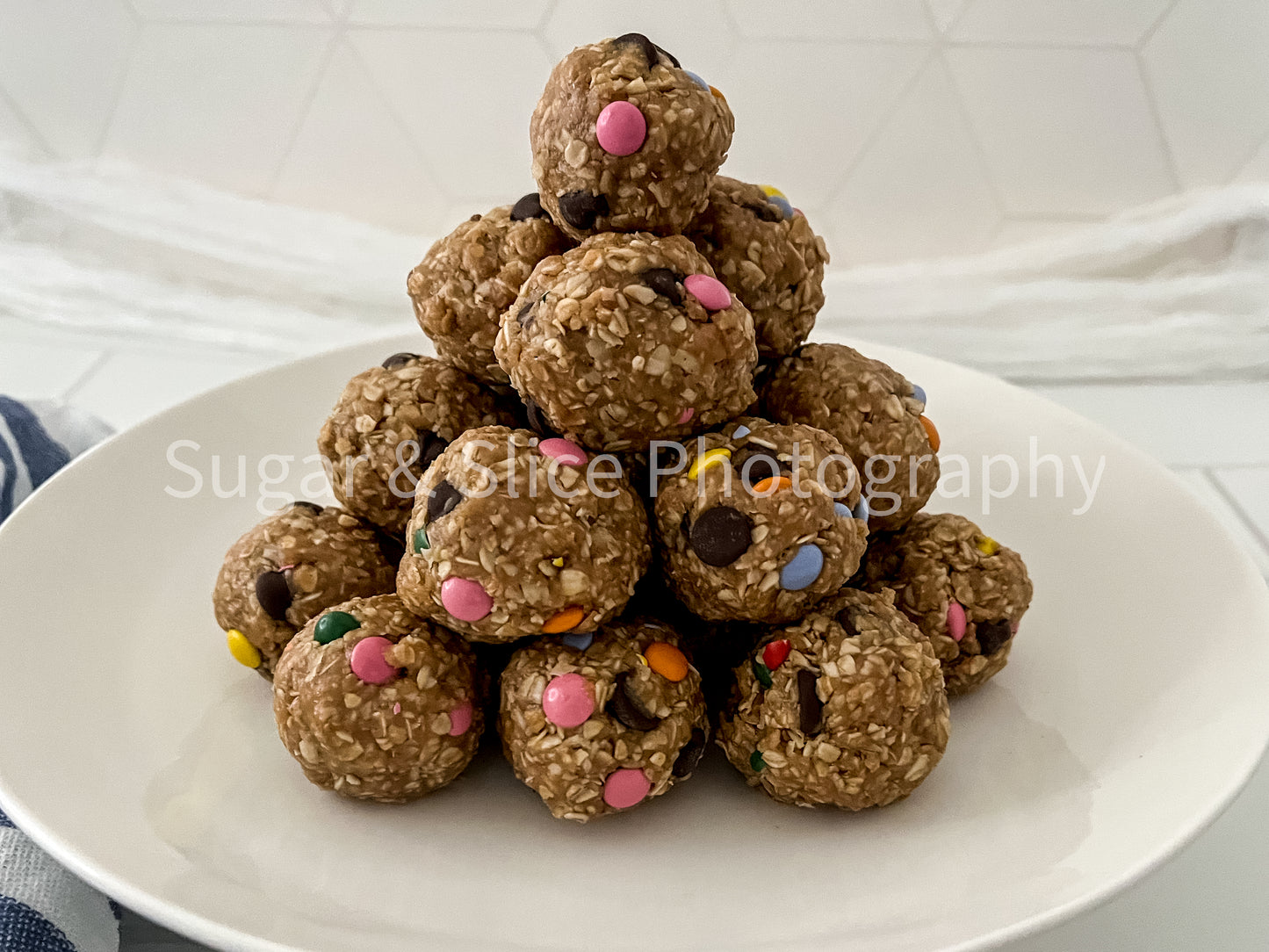Peanut Butter Oatmeal Balls on Ceramic Subway Tile