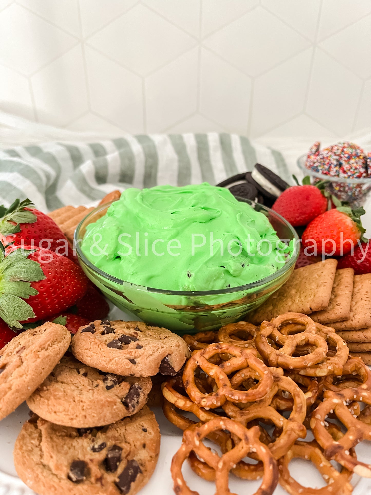 St. Patrick’s Themed Dip on Ceramic Subway Tile